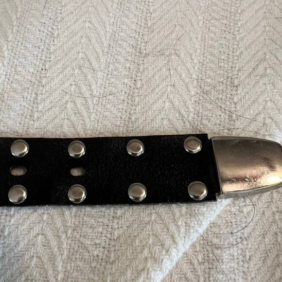 Biker Belt in Black Leather w/Silver Metal Links of Skeleton on Motorcycle
